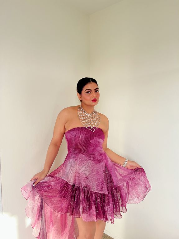 Rini Jain in our Ruby Printed Lurex Asymmetrical Ruffle Dress from Matrix Collection