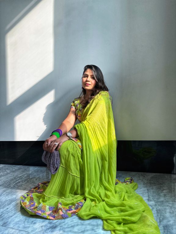 Chikky Goenka in Neon Hand Embroidered Blouse and Pre-Draped Saree with Cording detailing from Magical Wilderness Collection