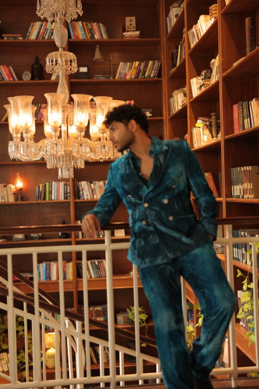 Varun Agrawal in our Jade Blue Blotched Print Blazer, Jade Blue Blotched Print Velvet Pants and Jade Blue Lurex Blotch Printed Shirt with Lining from Matrix Collection