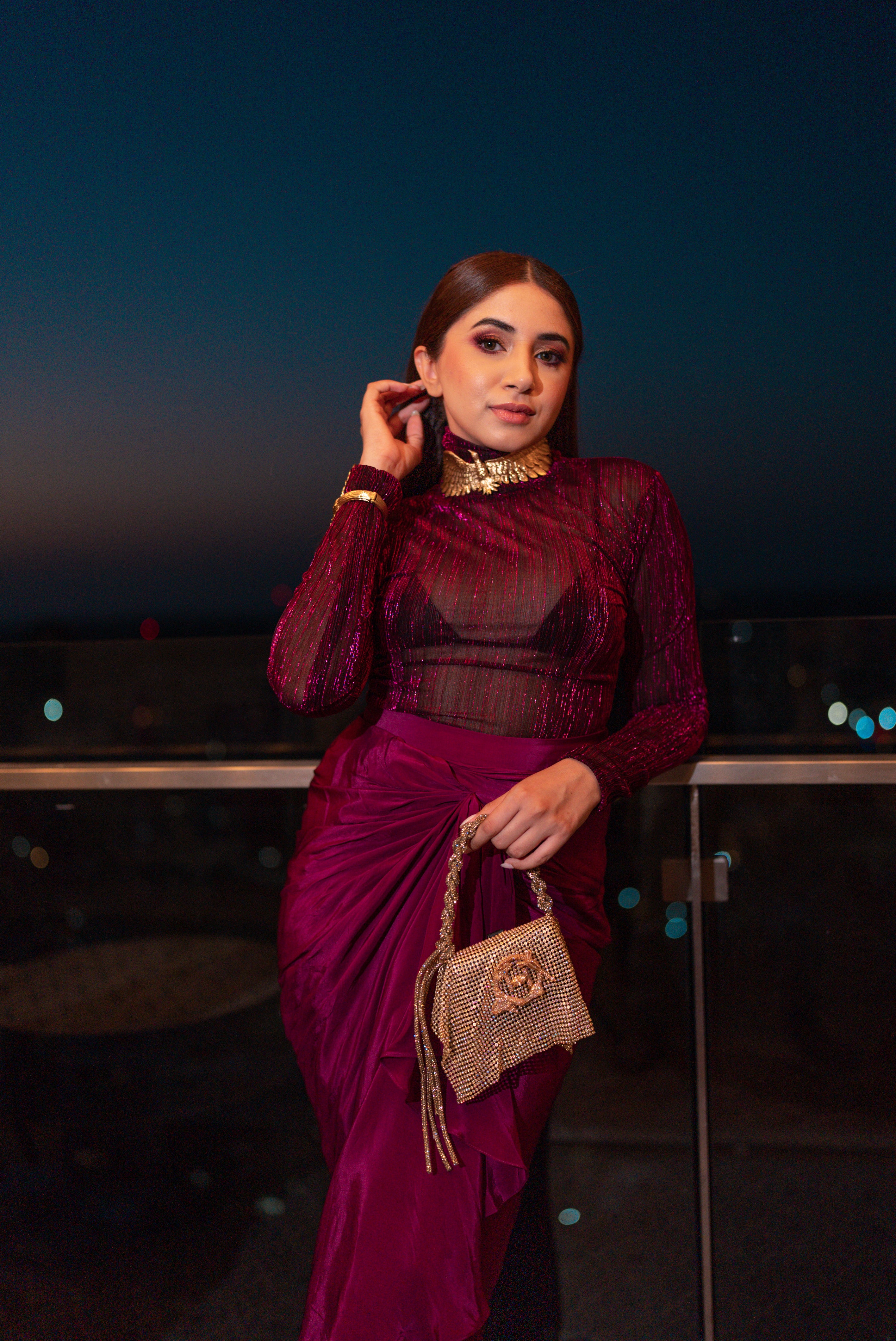 Aashna Shroff in Metalic Ruby Turtle Neck Monokini with Full Sleeves and Micro Bralette with Ruby Sarong Draped Skirt from Matrix Collection