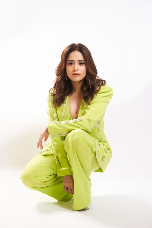 Nushrat Bharuccha in our Lime Green Hand Embriodered Blazer Set from Magical Wilderness Collection