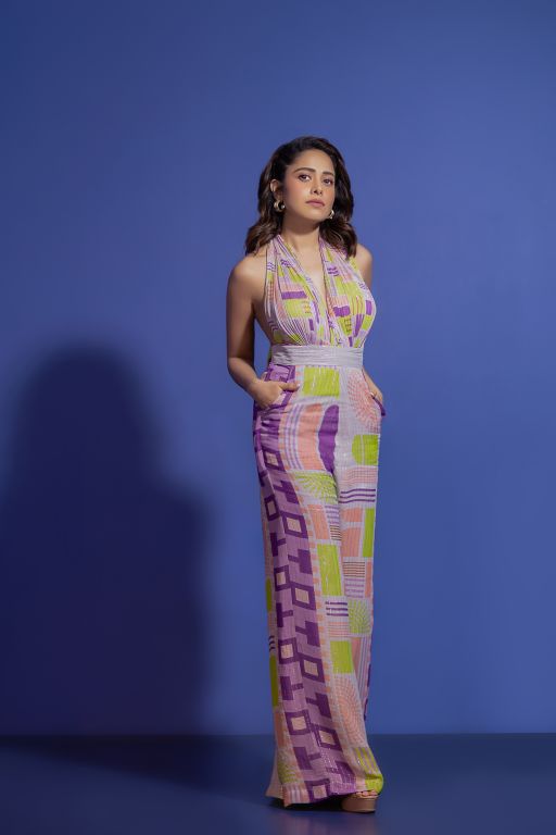 Nushrat Bharuccha in our Geometric Printed Deep Halter Neck Tie up Jumpsuit from Magical Wilderness Collection