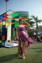 Simran Luthria in our Ruby Printed Lurex Asymmetrical Ruffle Dress from Matrix Collection