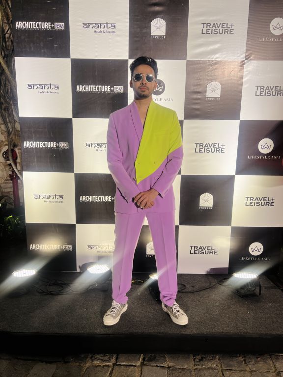 Rizwan Bachav in our Lilac and Lime Green Colour Block Blazer and Lilac Stright Fit Pants from Magical Wilderness Collection