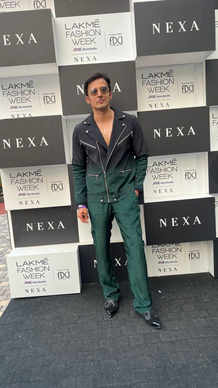 Vivek Dhadah in our Emerald Ombre Biker Jacket with Zipper Detailing paried with  Emerald Baggy Pants with Pocket detailing from Matrix Collection