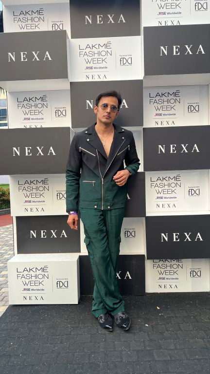 Vivek Dhadah in our Emerald Ombre Biker Jacket with Zipper Detailing paried with  Emerald Baggy Pants with Pocket detailing from Matrix Collection