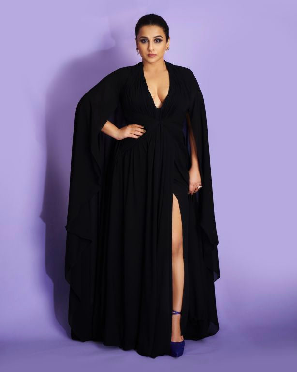 Vidya Balan In Custom Nirmooha Black Gown With Cape Sleevs