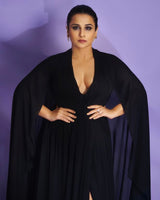 Vidya Balan In Custom Nirmooha Black Gown with Cape Sleevs