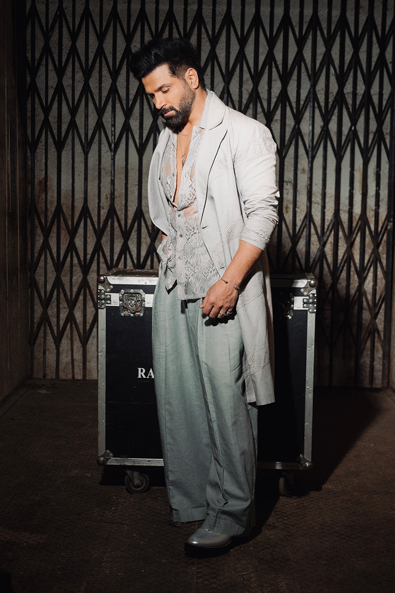 Rithvik Dhanjani in our Grey Chantilly Shirt, Trench Coat & Wide Leg Pants from Ekatra