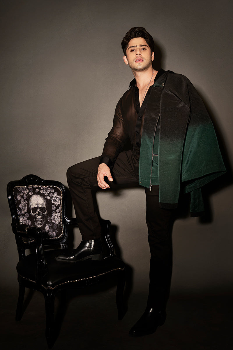 Jibraan Khan in our Emerald Ombre Biker Jacket with Zipper Detailing from Matrix