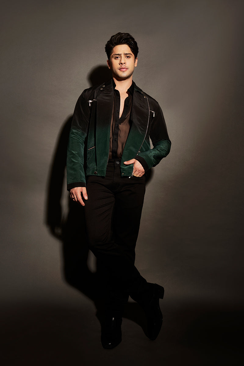 Jibraan Khan in our Emerald Ombre Biker Jacket with Zipper Detailing from Matrix