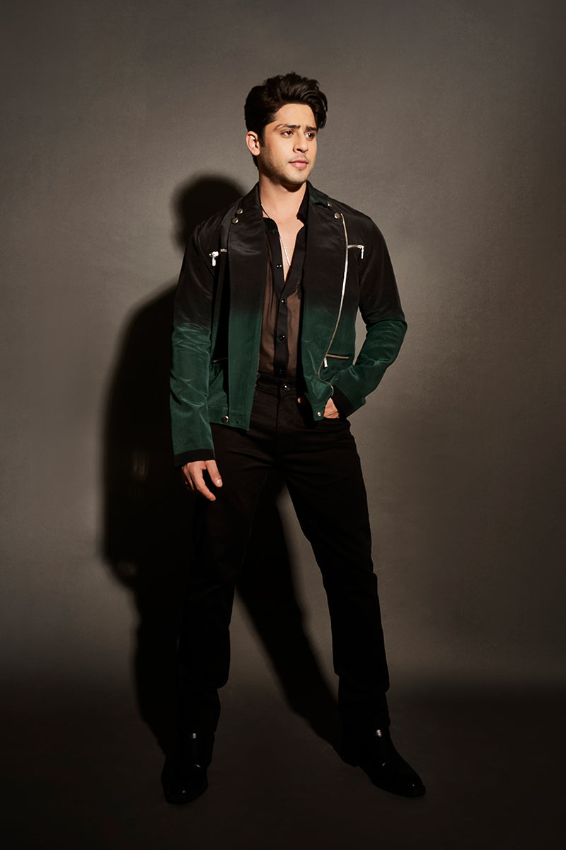 Jibraan Khan in our Emerald Ombre Biker Jacket with Zipper Detailing from Matrix