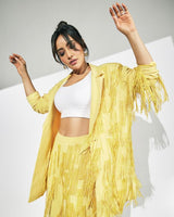 Neha Sharma in in Nirmooha's Lemon Yellow Cording Bralet with Ring and attached Hand Embroidered Tassels Fringes,Lemon Yellow Oversized Blazer with Hand embroidered Tassels Fringes and Pants from Magical Wilderness Collection