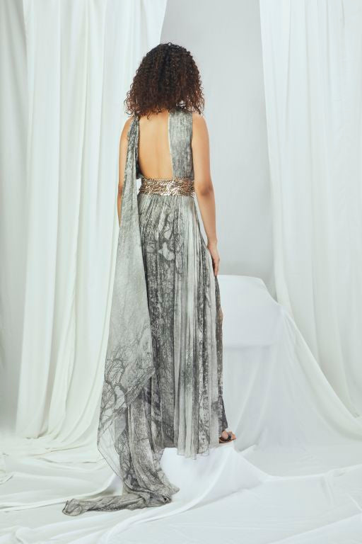Forest Printed One Shoulder Dress with Hand Embroidered Waist Band and Tail