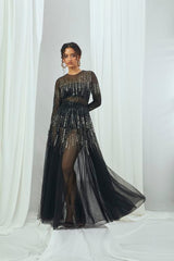 Carbon Sheer Net Gown with Hand Embroidery and Full Sleeves