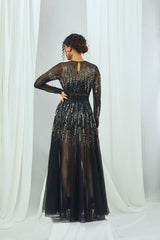 Carbon Sheer Net Gown with Hand Embroidery and Full Sleeves