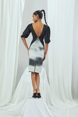Shimmer V-Neck Dress with Landscape Printed Bottom & Puff Sleeves