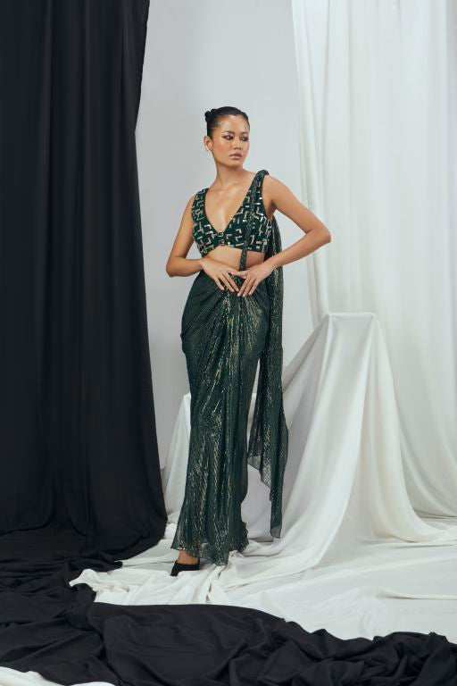 Pre Draped Emerald Lurex Saree and Hand Embroidered Blouse with Buckle Detailing