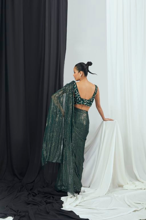 Pre Draped Emerald Lurex Saree and Hand Embroidered Blouse with Buckle Detailing