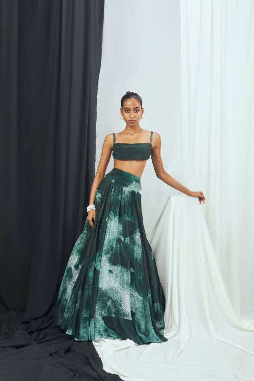 Emerald Blotch Printed Pleated Bralet and Printed Skirt with Back Cutout Detailing