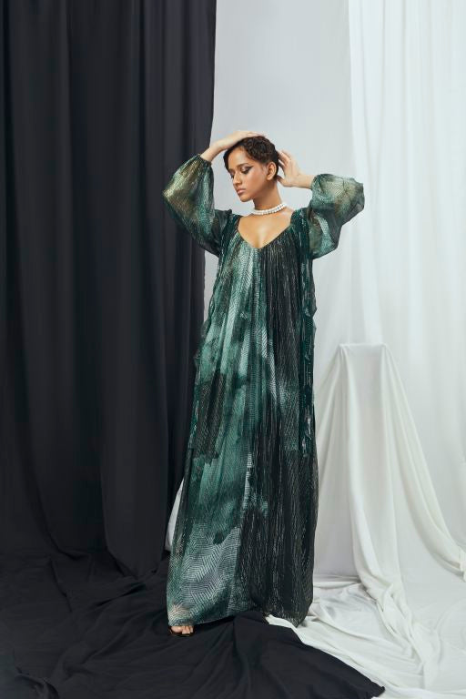 Emerald Blotch Printed and Hand Embroidered Draped Kaftan