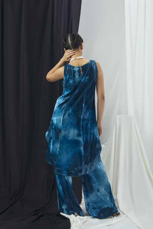 Jade Blue Blotch Printed Asymmetrical Velvet Tunic with Printed Pants