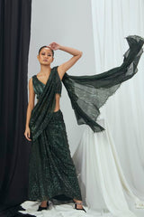 Pre Draped Emerald Sequin Saree with Hand Embroidered Tassels and Blotch Printed Ruched Blouse with Hand Embroidery