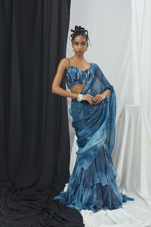 Pre Draped Jade Blue Blotch Printed Ruffle Saree with Hand Embroidered Blouse