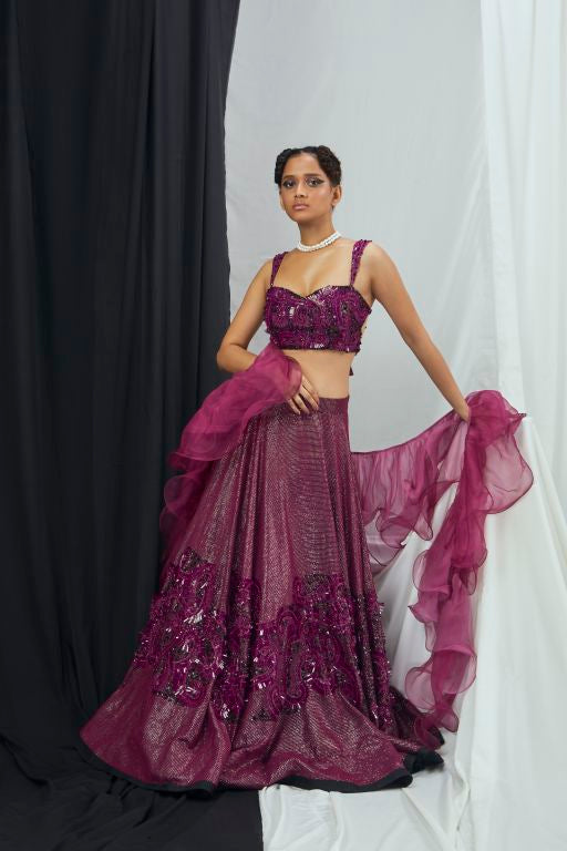 Ruby Hand Embroidered Lurex Blouse with Back Buckle Detailing, Hand Embroidered Lehenga and Double Layered Ruffle Dupatta