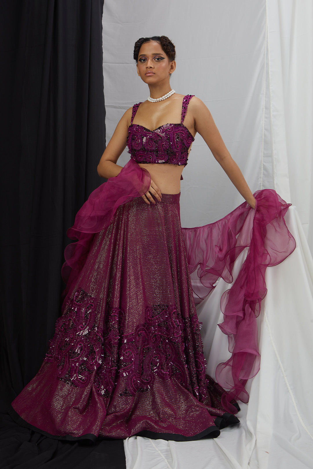 Backless Blouse Embellished Lehenga Set with Ruffle Dupatta