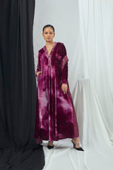 Ruby Blotch Printed Velvet Anarkali With Hand Embroidered Neckline and Pockets, Pants and Hand Embroidered Lurex Dupatta