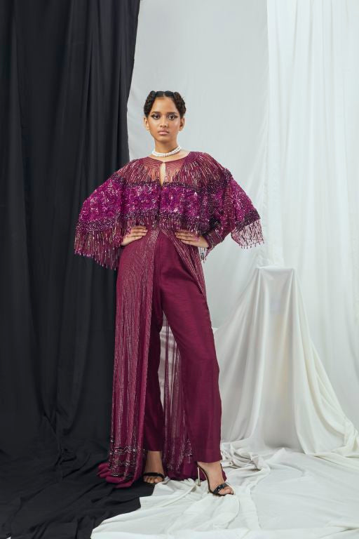 Front Slit Anarkali with Pants and Embellished Cape Set