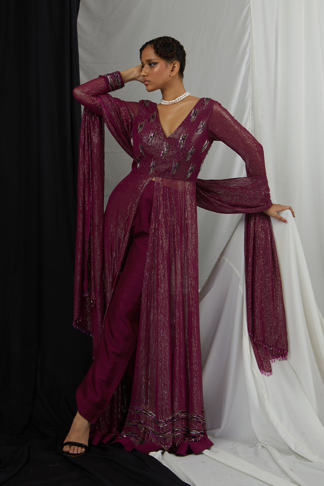 Front Slit Embellished Anarkali with Pants and Dupatta Set