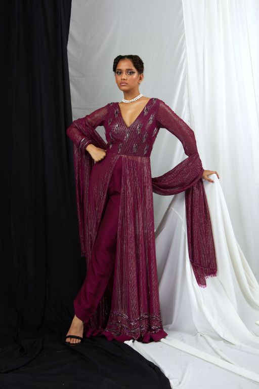 Front Slit Embellished Anarkali with Pants and Dupatta Set