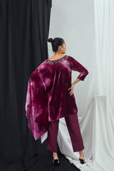 Ruby Blotch Printed One Shoulder Velvet Kaftan Top with Hand Embroidered Neckline and Pants