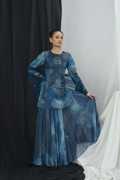 Jade Blue Blotch Printed and Hand Embroidered Kurti with Printed Sharara and Hand Embroidered Dupatta