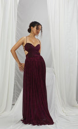 Metallic Ruby Gown with Criss-Cross Back Tie Up and Hand Embriodered Tassels