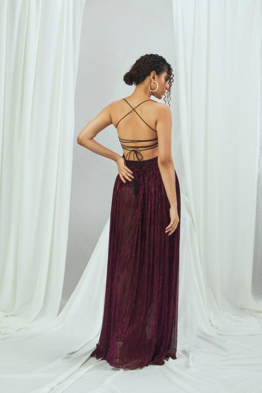 Metallic Ruby Gown with Criss-Cross Back Tie Up and Hand Embriodered Tassels