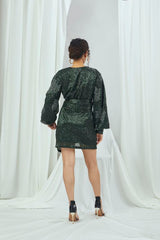 Emerald Sequin Mini Dress With Puffed & Hand Embroidred Sleeves and Emerald Shimmer Belt
