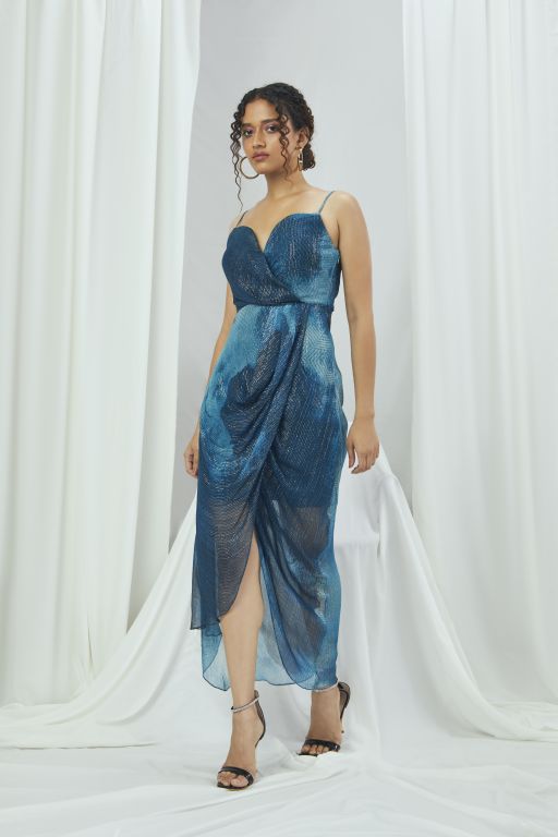 Jade Blue Blotched Printed Lurex Gown With Cowl Draping