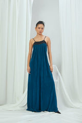 Jade Blue Pleated Jumpsuit with Hand Embroidery