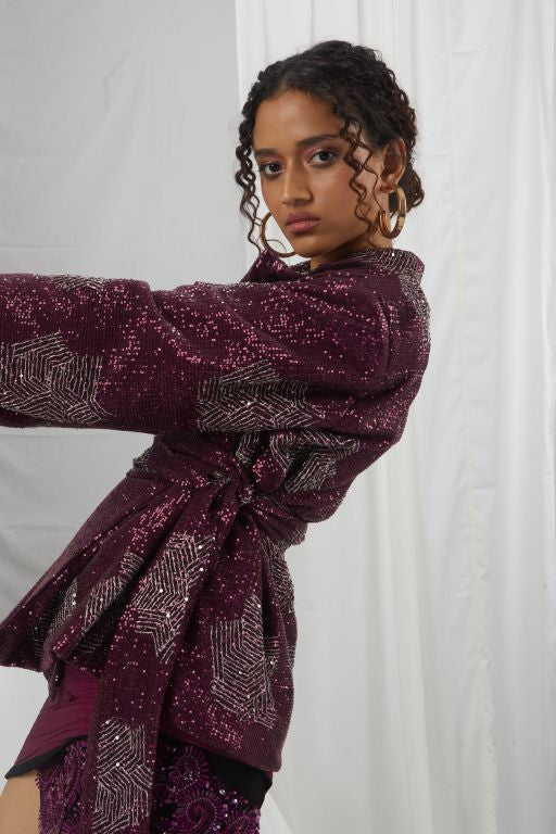 Ruby Sequin Jacket With Hand Embroidery and Belt