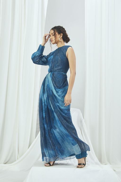 Jade Blue Blotched Printed Drape Gown With One Shoulder