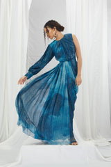 Jade Blue Blotched Printed Drape Gown With One Shoulder