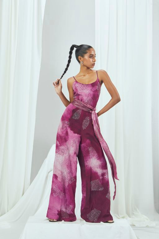 Ruby Printed Hand Embroidered Jumpsuit  with Lurex Printed Belt