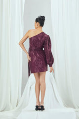Ruby Sequin One Shoulder Puff Sleeve Draped Mini Dress With Belt