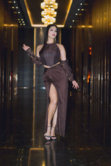 Sunny Leone in Nirmooha's Brown Corset Top with Hand Embroidered Bolero and Knotted Drape Skirt from Aham Asmi Collection.