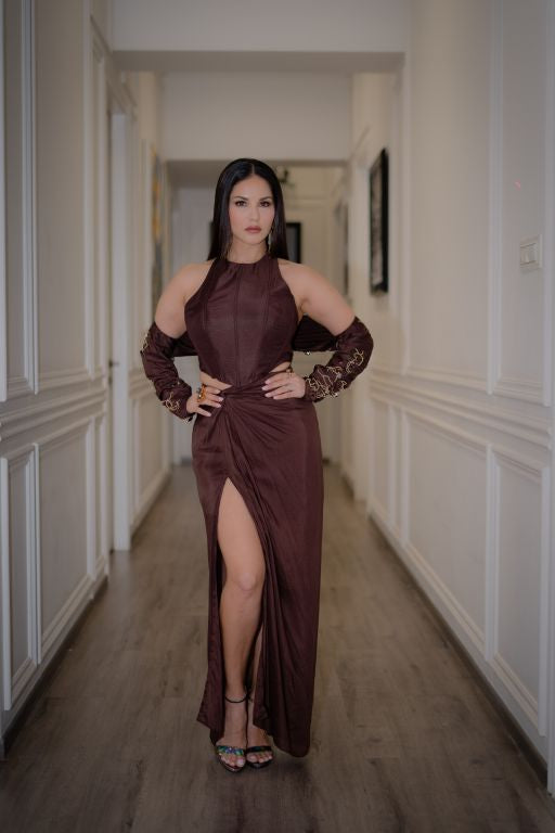 Sunny Leone in Nirmooha's Brown Corset Top with Hand Embroidered Bolero and Knotted Drape Skirt from Aham Asmi Collection.