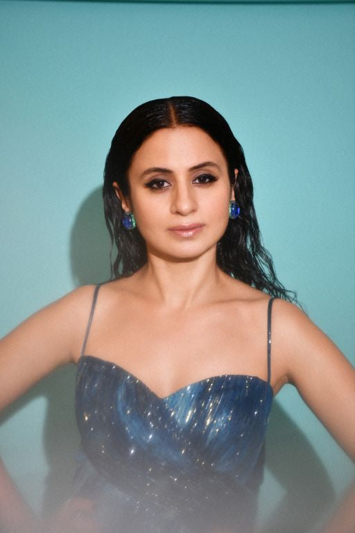 Rasika Dugal in Nirmooha's Jade Blue Printed Drape Gown With Sweet Heart Neck & Slit from Matrix Collection