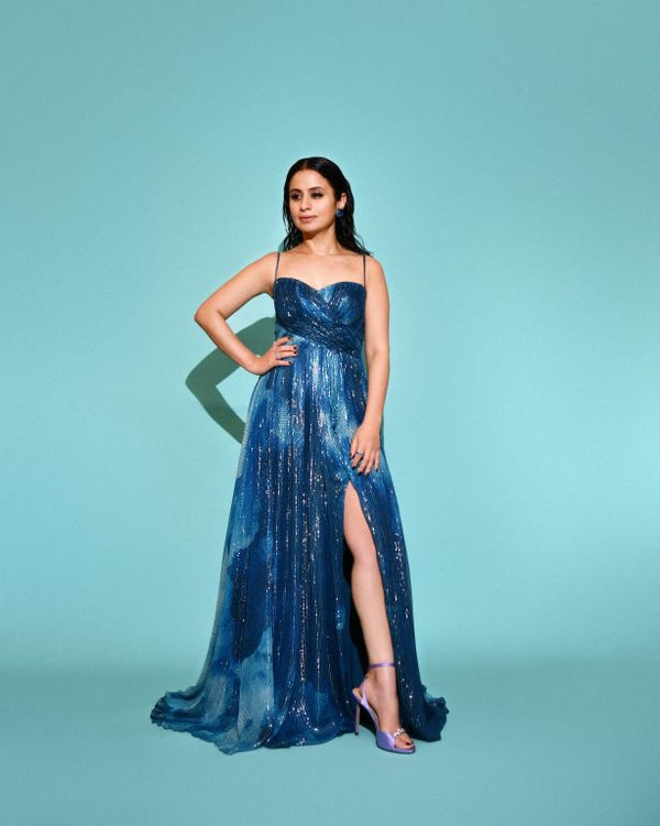 Rasika Dugal in Nirmooha's Jade Blue Printed Drape Gown With Sweet Heart Neck & Slit from Matrix Collection